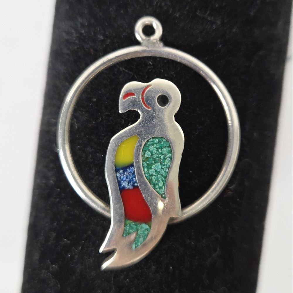 Mexico Sterling Silver Parrot Pendant Inlaid Stone